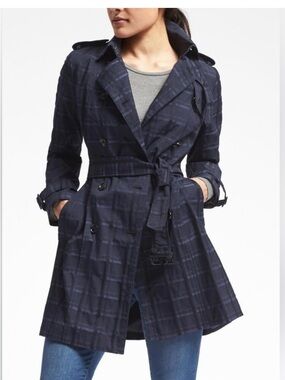 Banana Republic Navy Plaid Trench Coat | Size XS | Belted Classic Preppy